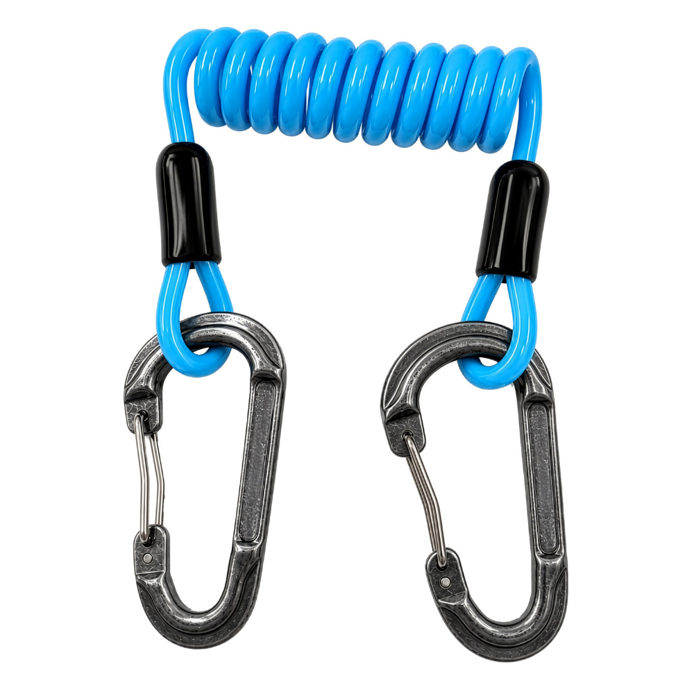 Blue coiled tether with two metal carabiners attached at each end for securing gear