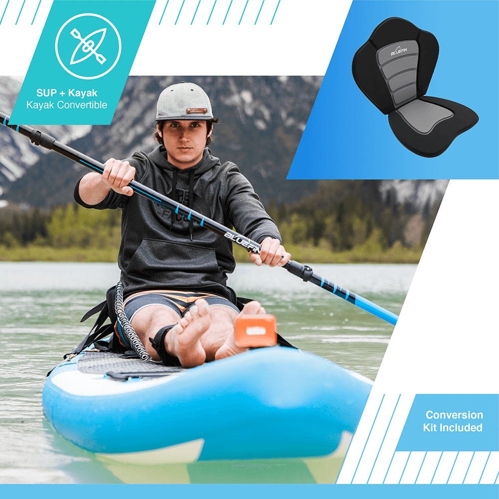 Person paddling a blue inflatable paddleboard on water, wearing a gray cap and black hoodie.