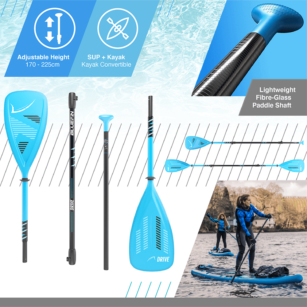 Adjustable blue paddle with a lightweight fiberglass shaft, suitable for SUP and kayak use.