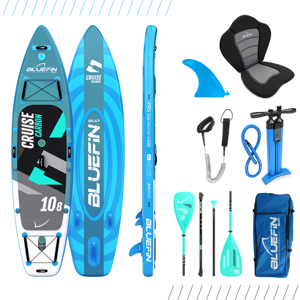 Bluefin SUP Cruise Carbon 10'8" inflatable paddleboard with accessories including paddles, pump, and seat.