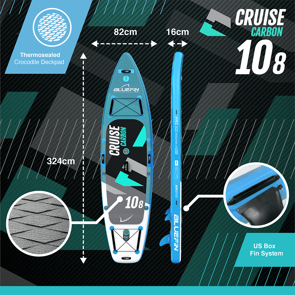 Bluefin Cruise Carbon 10'8" inflatable SUP, featuring a thermosealed deckpad and US box fin system.