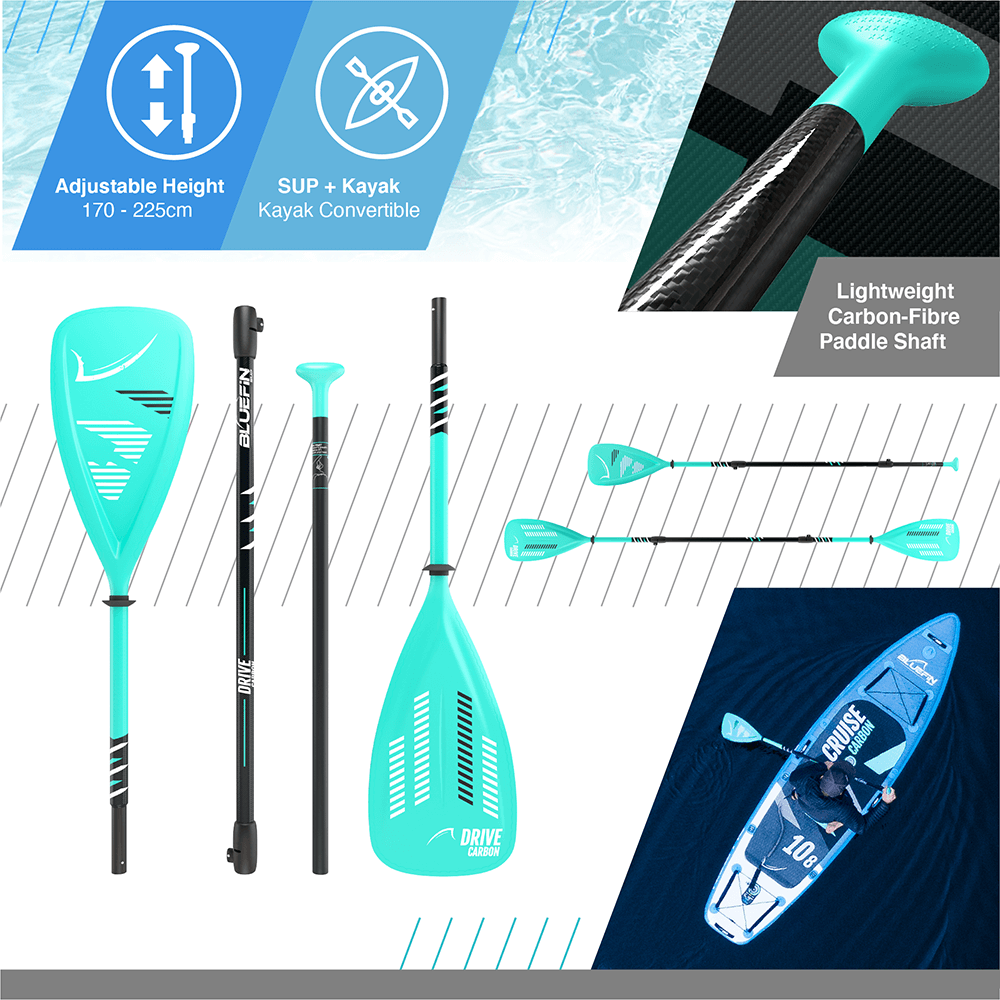 Adjustable carbon-fiber paddle for SUP and kayak with ergonomic grip and lightweight design.