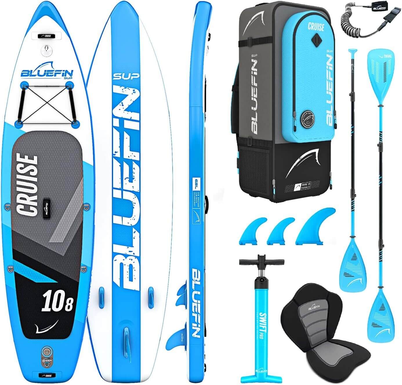 Inflatable paddleboard in blue with textured deck, fins, paddle, pump, and carrying backpack.