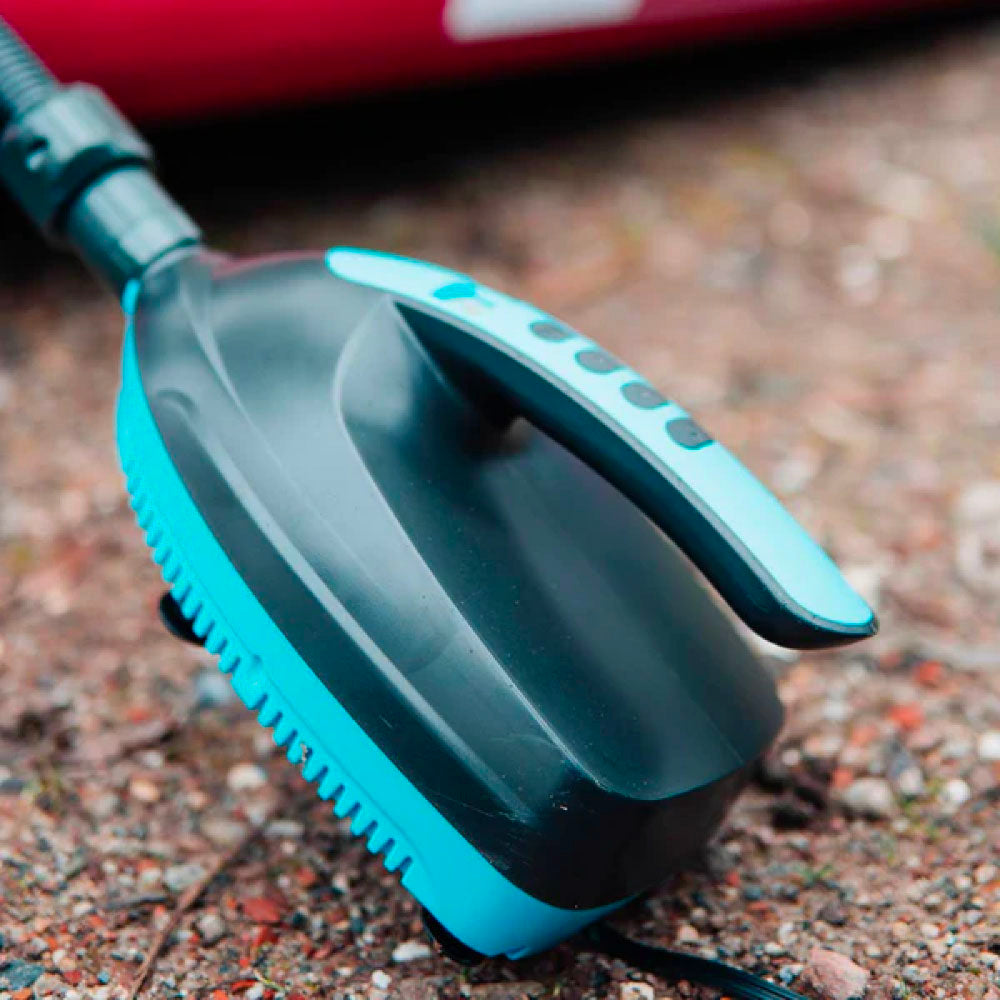 Electric pump with streamlined design for inflating paddleboards, featuring a black and teal color scheme.