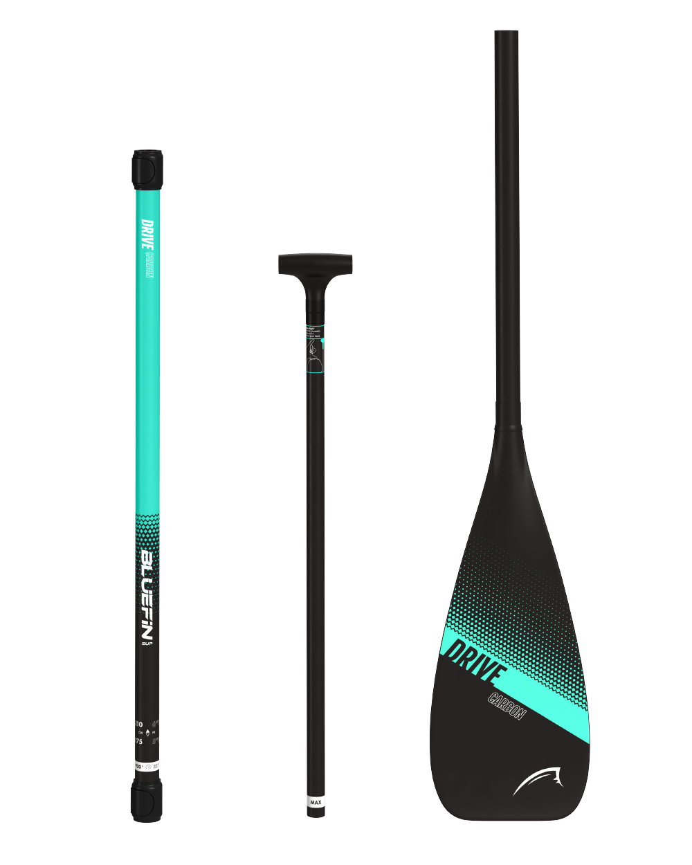 A three-piece black and green Cruise Carbon Drive paddle for stand-up paddleboarding. The handle is ergonomically designed and the blade has a teardrop shape.