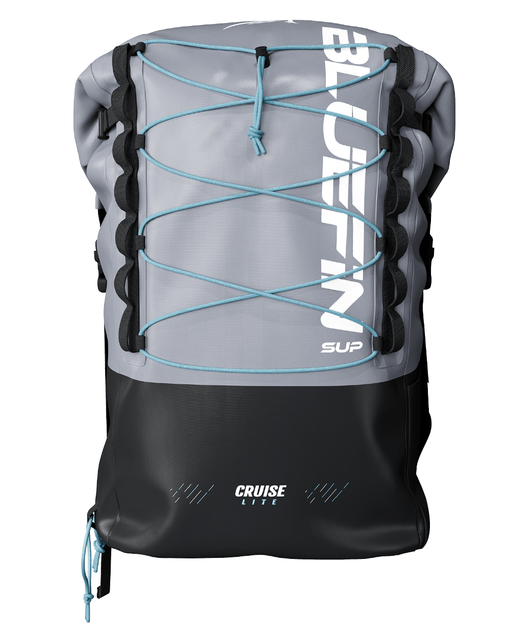 A black and gray Bluefin lite paddleboard backpack with blue accents and straps, featuring the brand's logo.