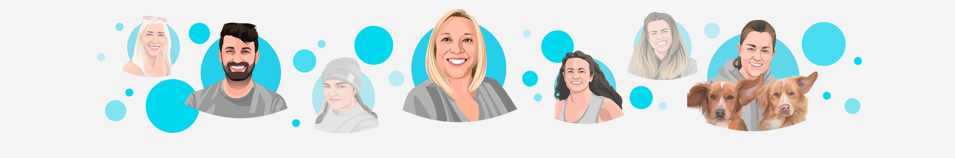 Colorful illustration of diverse individuals and dogs with blue accents and bubbles. Perfect for a friendly brand vibe.