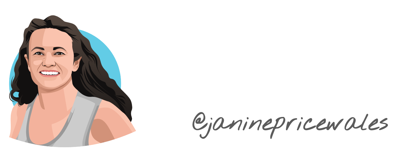Illustration of a smiling person with long hair and a light grey shirt, along with the handle @janinepricewales.