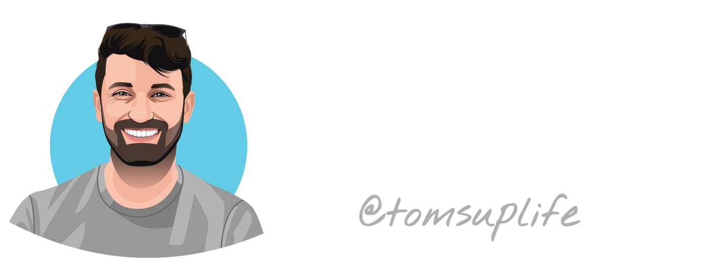 Cartoon illustration of a smiling man in a gray shirt with a blue background, featuring the handle @tomsuplife.