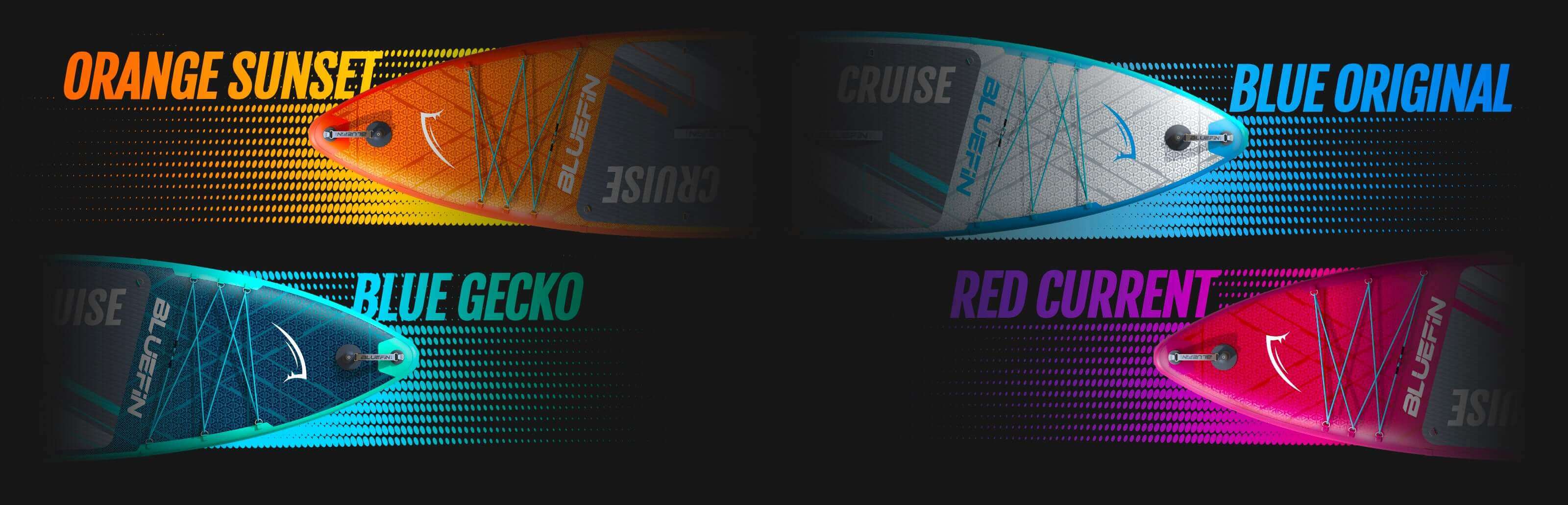 Four inflatable paddleboards in colors: orange, blue, teal, and pink with brand names displayed.