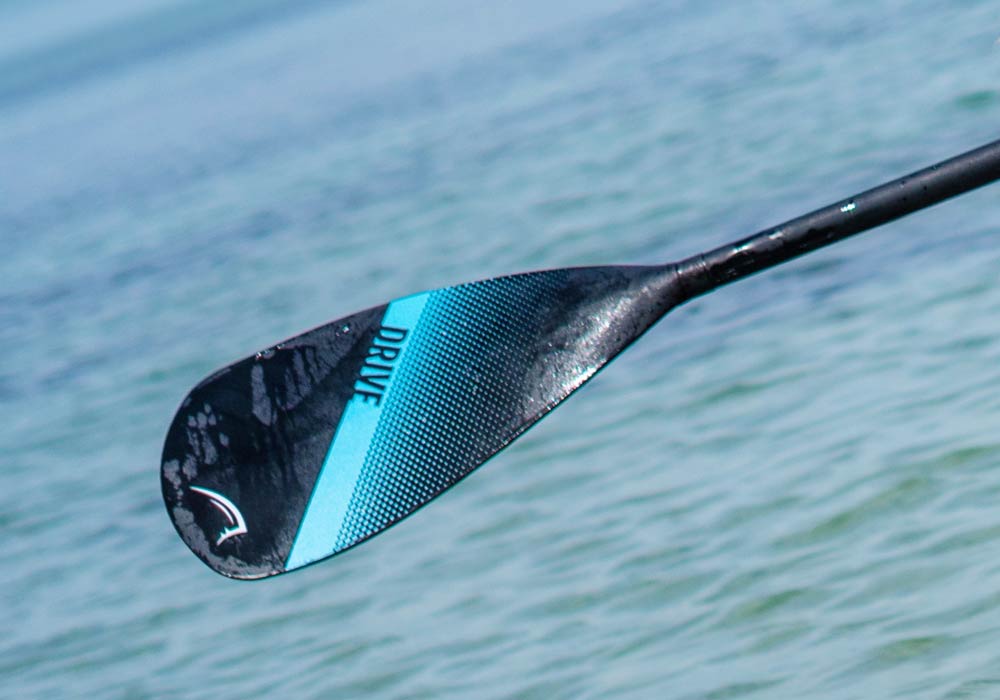 Close-up of a Bluefin SUP paddle blade featuring a black and blue design, above water background.