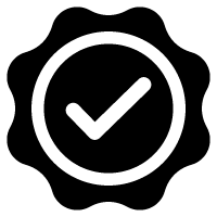 Black and white badge icon with a checkmark, symbolizing approval or quality assurance.