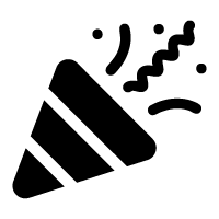 Black party horn icon with confetti, symbolizing celebration or festivity.