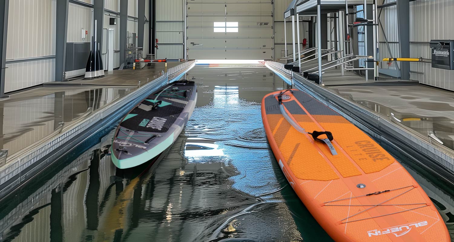 Two stand-up paddleboards in a testing facility's pool, showcasing their designs and colors.