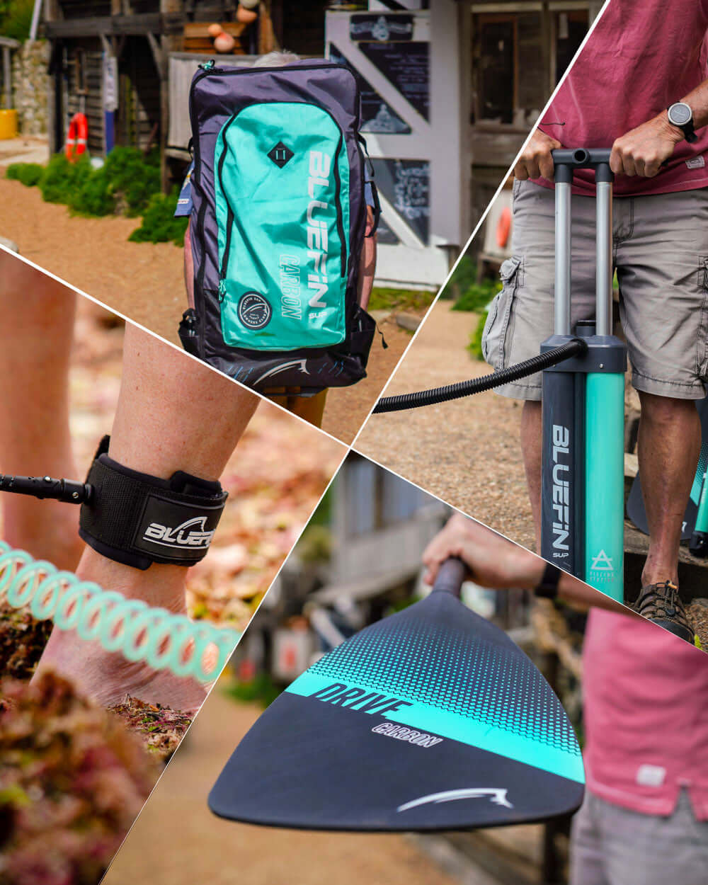 Collage of gear including with a Cruise carbon inflatable paddle board. It includes a backpack, paddle, pump and ankle leash with visible logos