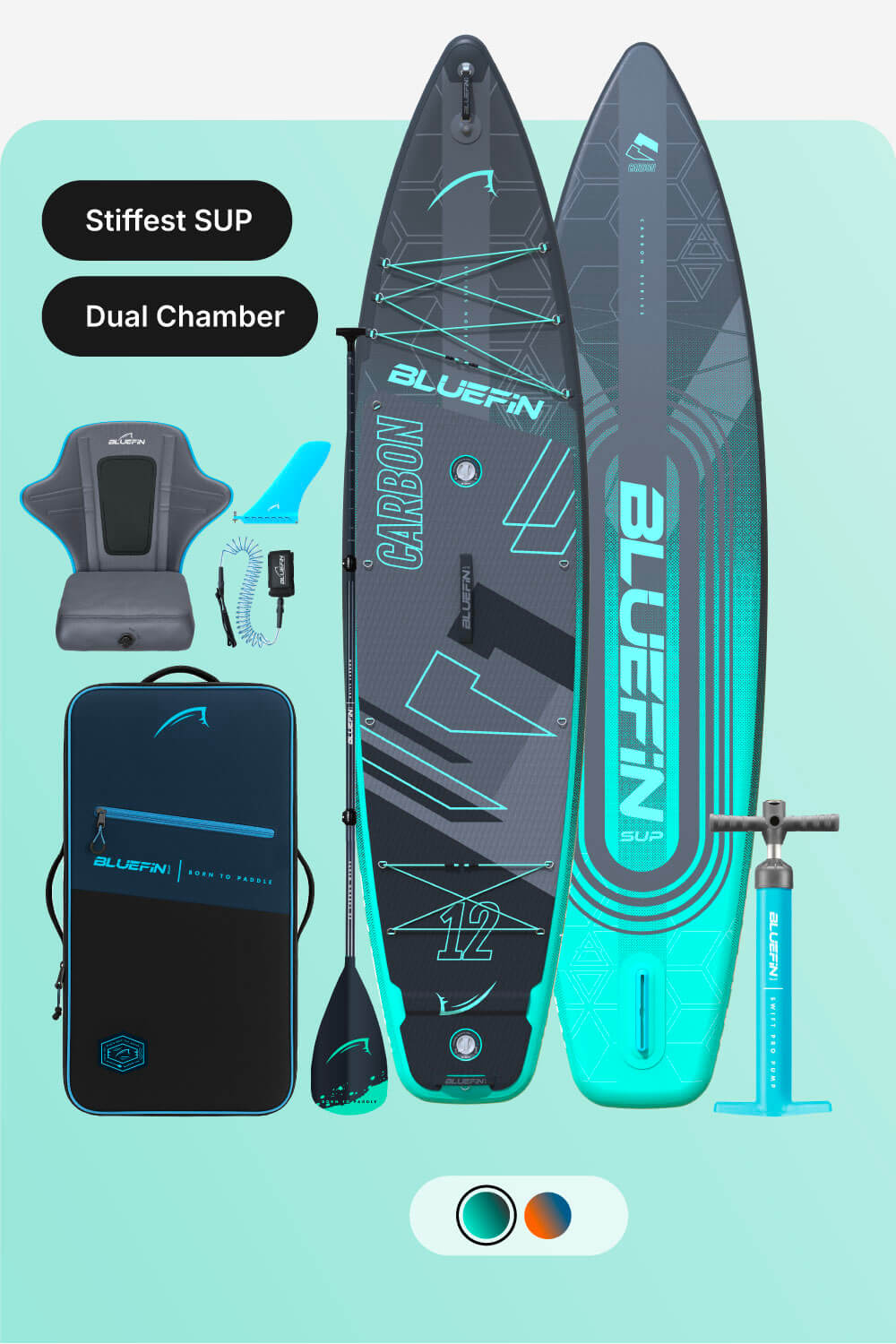 Inflatable paddleboard with dual chamber, paddle, pump, seat, and carrying bag in teal and gray.
