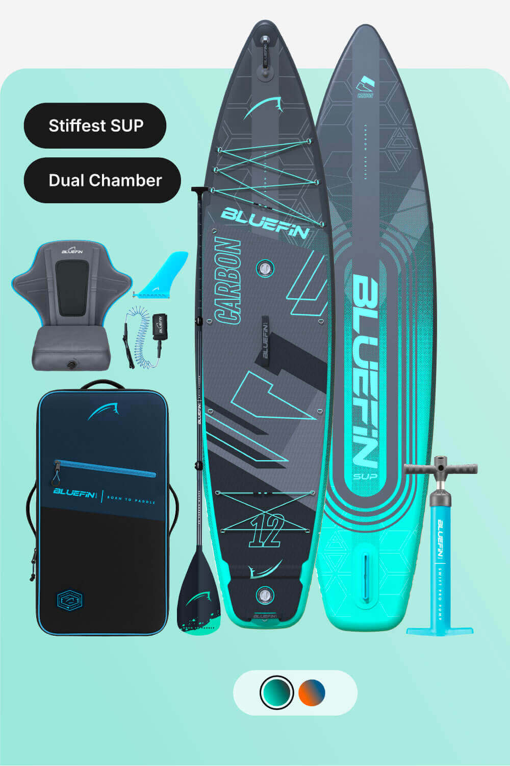 Inflatable paddleboard with dual chamber, paddle, pump, seat, and carrying bag in teal and gray.