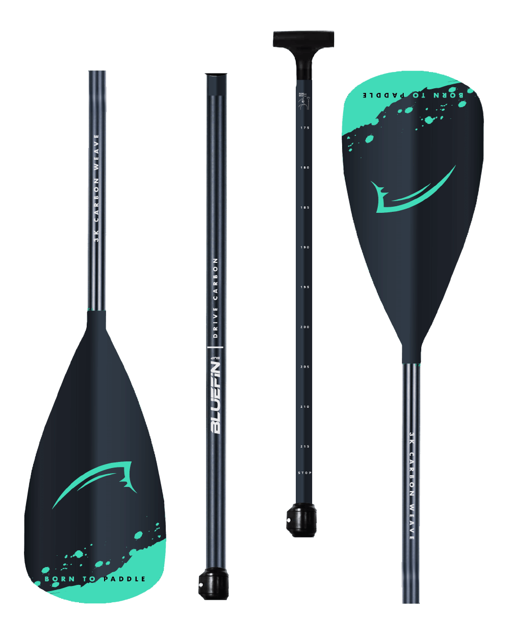Lightweight Bluefin SUP paddle with adjustable length, featuring a vibrant blade design and carbon weave finish.