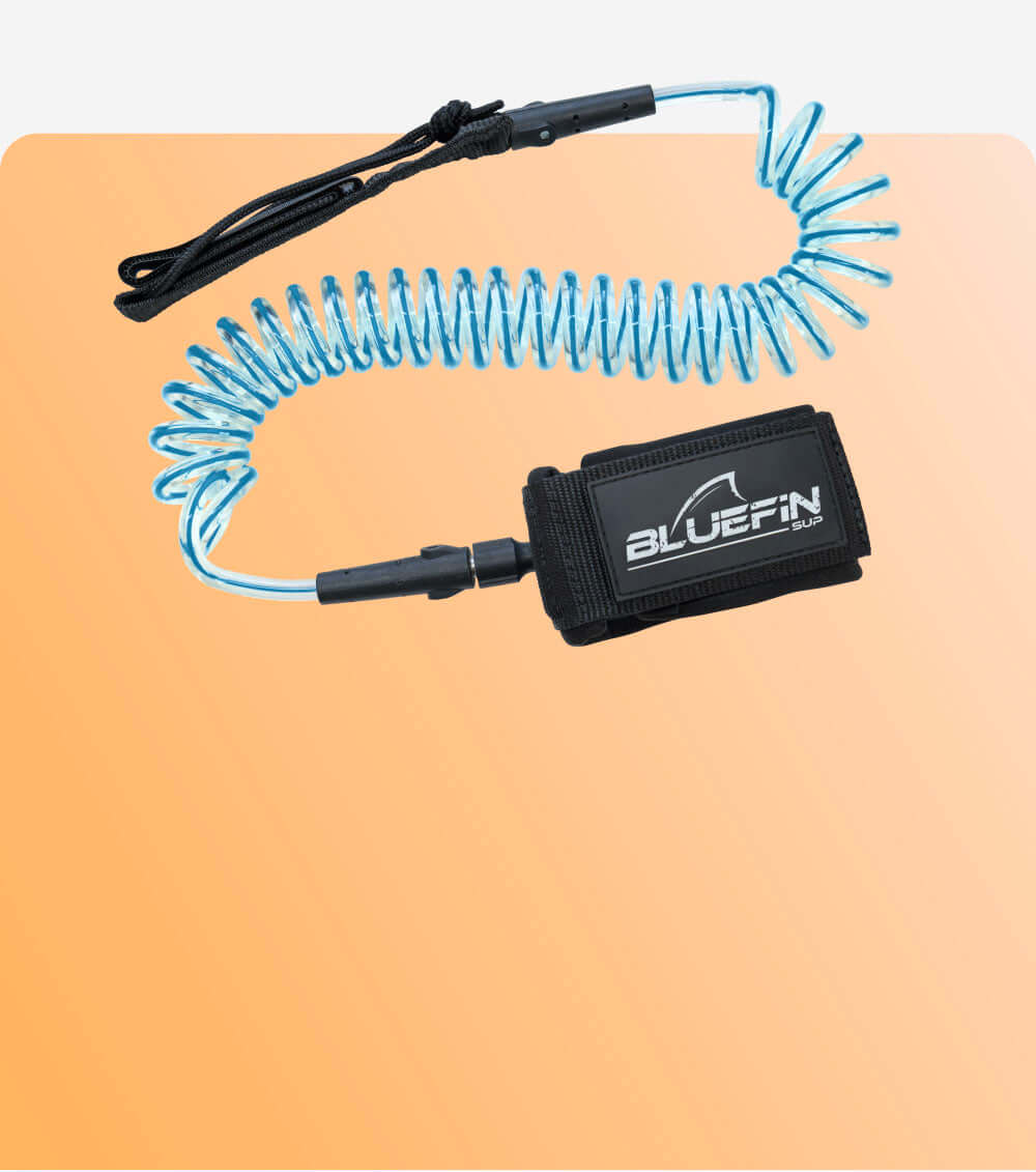 Coiled ankle leash with Bluefin branding on a peach background