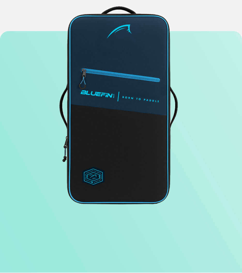 Bluefin paddleboard bag in navy and black with zipper and logo, designed for carrying paddleboards.