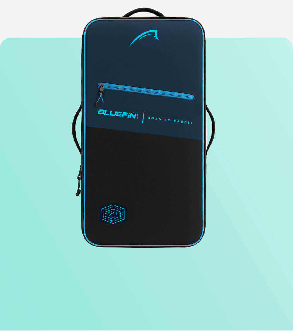 Bluefin paddleboard bag in navy and black with zipper and logo, designed for carrying paddleboards.