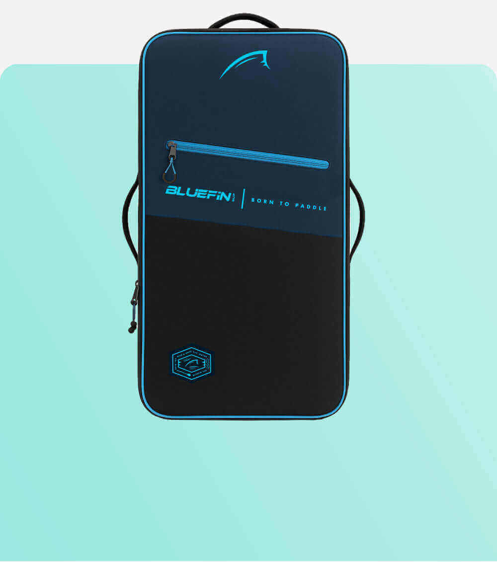 Bluefin paddleboard bag in navy and black with zipper and logo, designed for carrying paddleboards.
