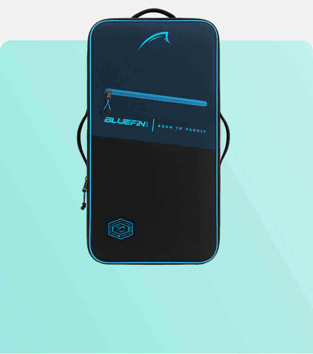 Bluefin paddleboard bag in navy and black with zipper and logo, designed for carrying paddleboards.