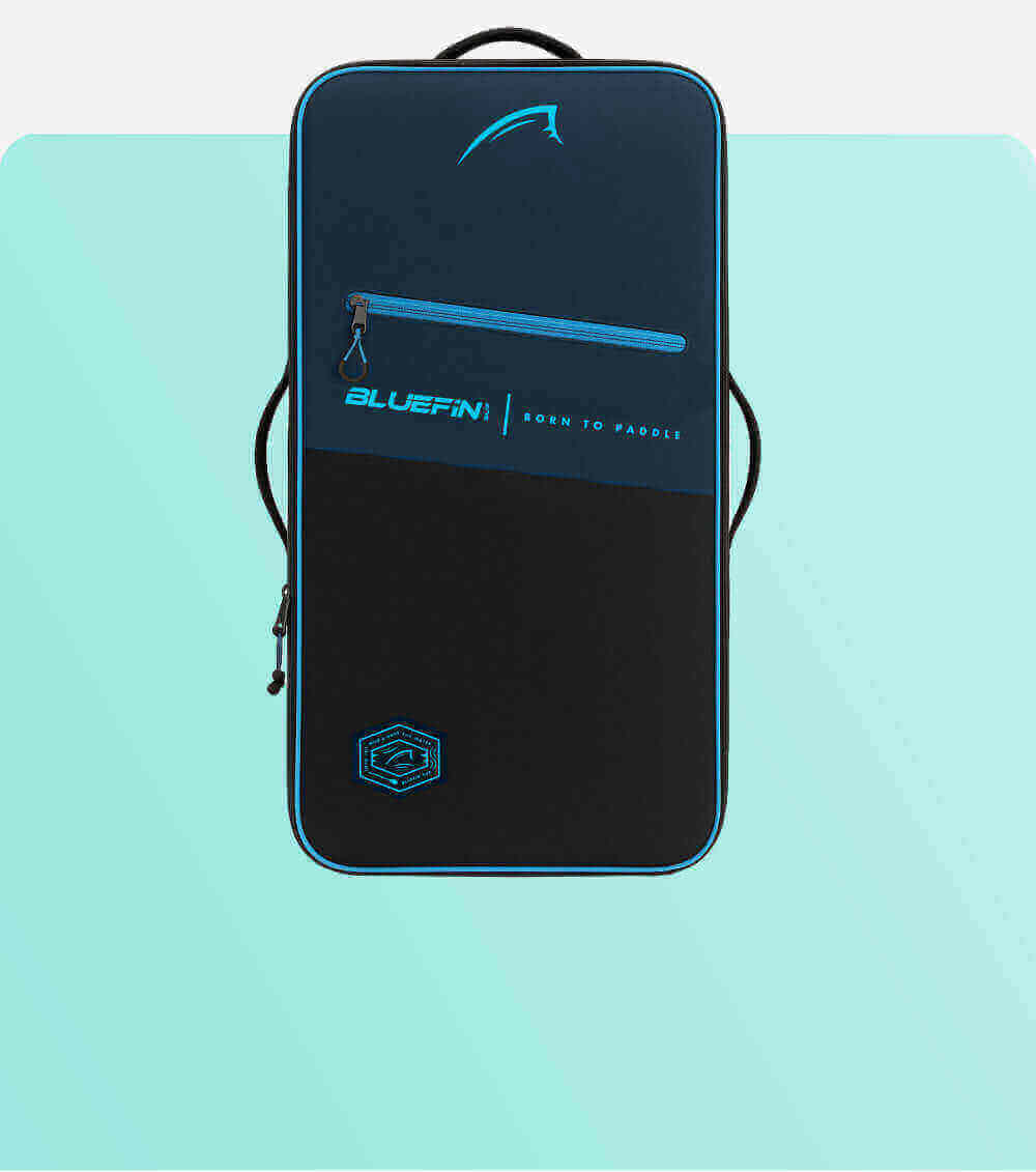Bluefin paddleboard bag in navy and black with zipper and logo, designed for carrying paddleboards.
