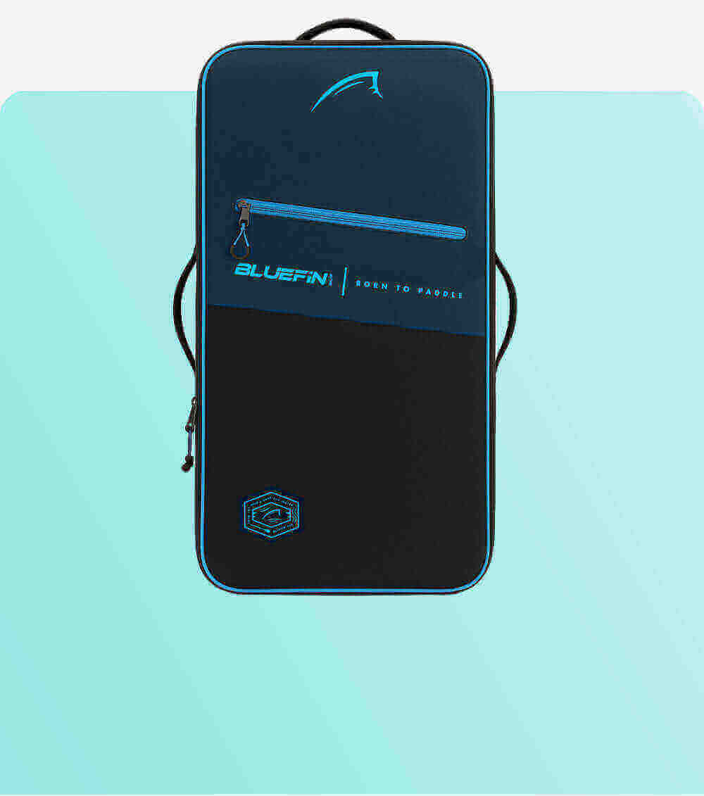 Bluefin paddleboard bag in navy and black with zipper and logo, designed for carrying paddleboards.