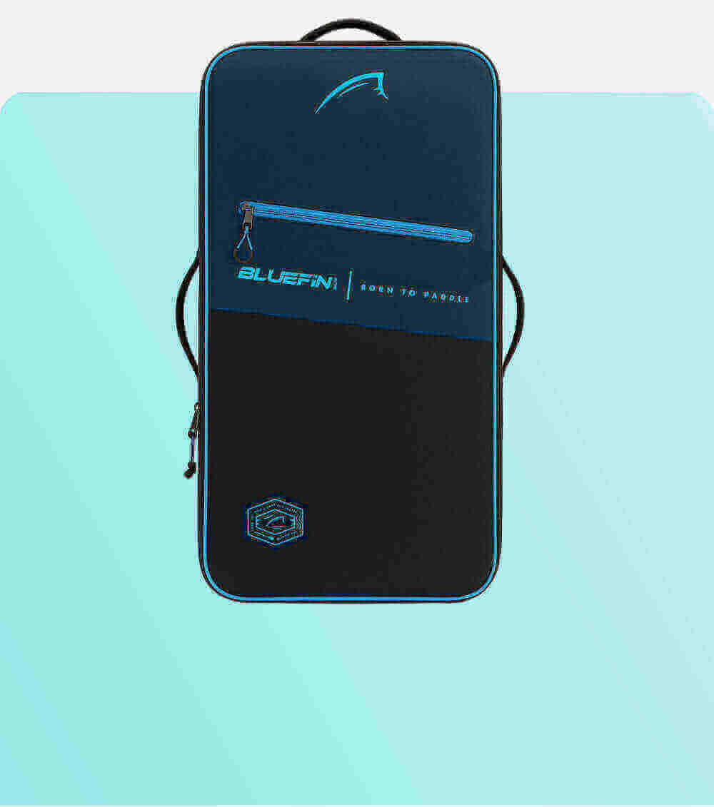 Bluefin paddleboard bag in navy and black with zipper and logo, designed for carrying paddleboards.