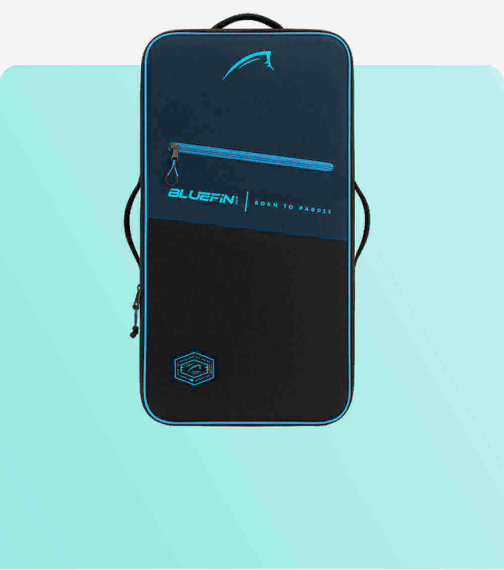 Bluefin paddleboard bag in navy and black with zipper and logo, designed for carrying paddleboards.