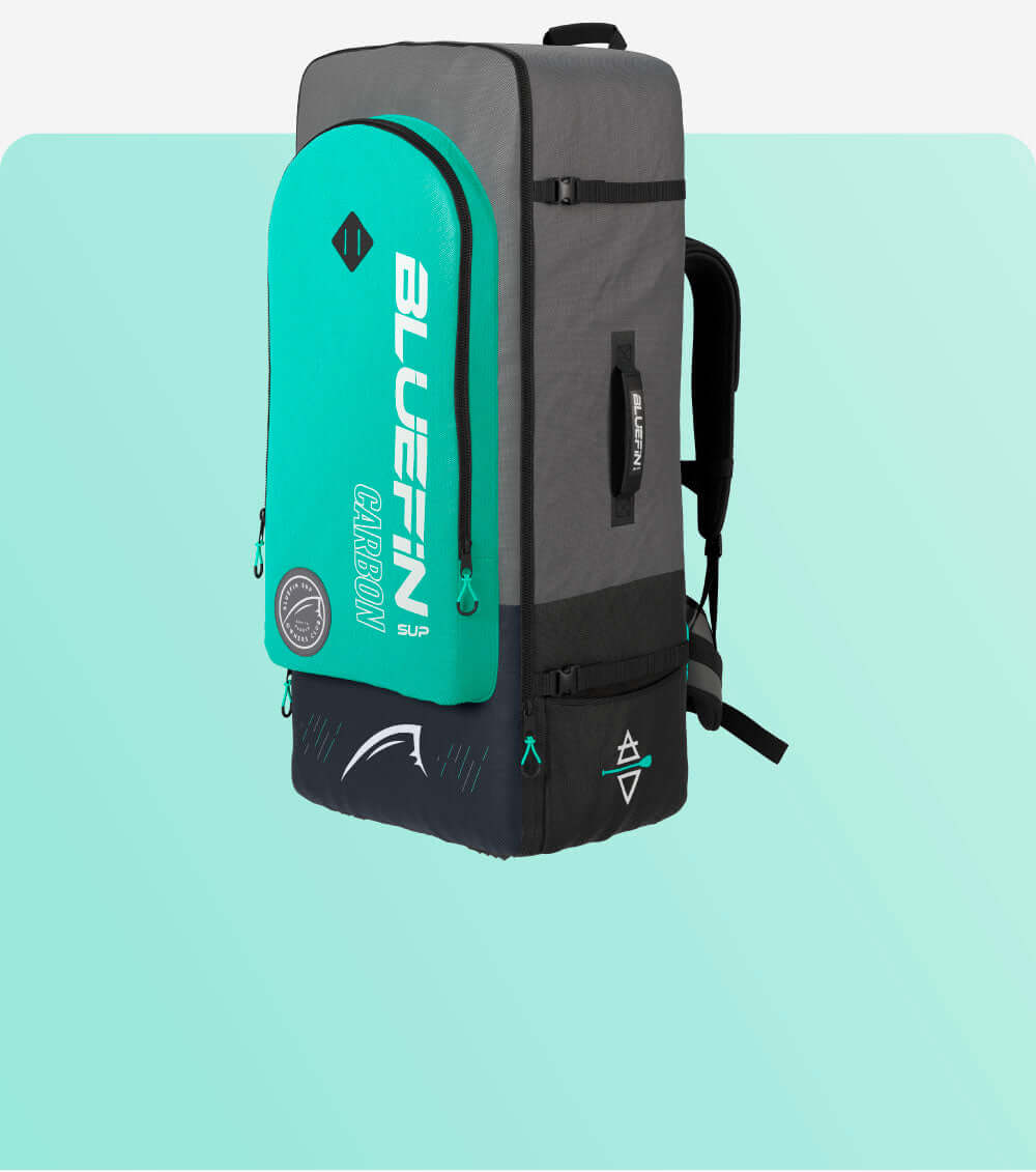 Bluefin SUP Carbon backpack with teal and gray design, ideal for paddleboard gear storage.