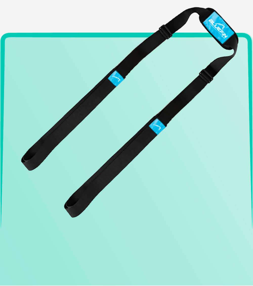 Black paddleboard straps with blue logo, designed for carrying or securing boards.