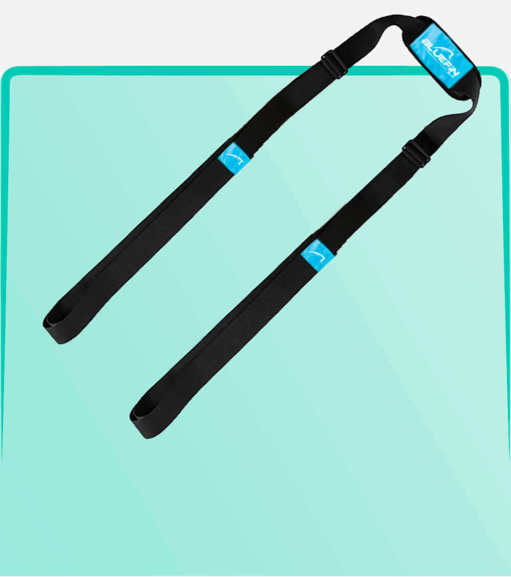 Black paddleboard straps with blue logo, designed for carrying or securing boards.