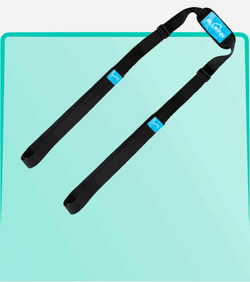 Black paddleboard straps with blue logo, designed for carrying or securing boards.