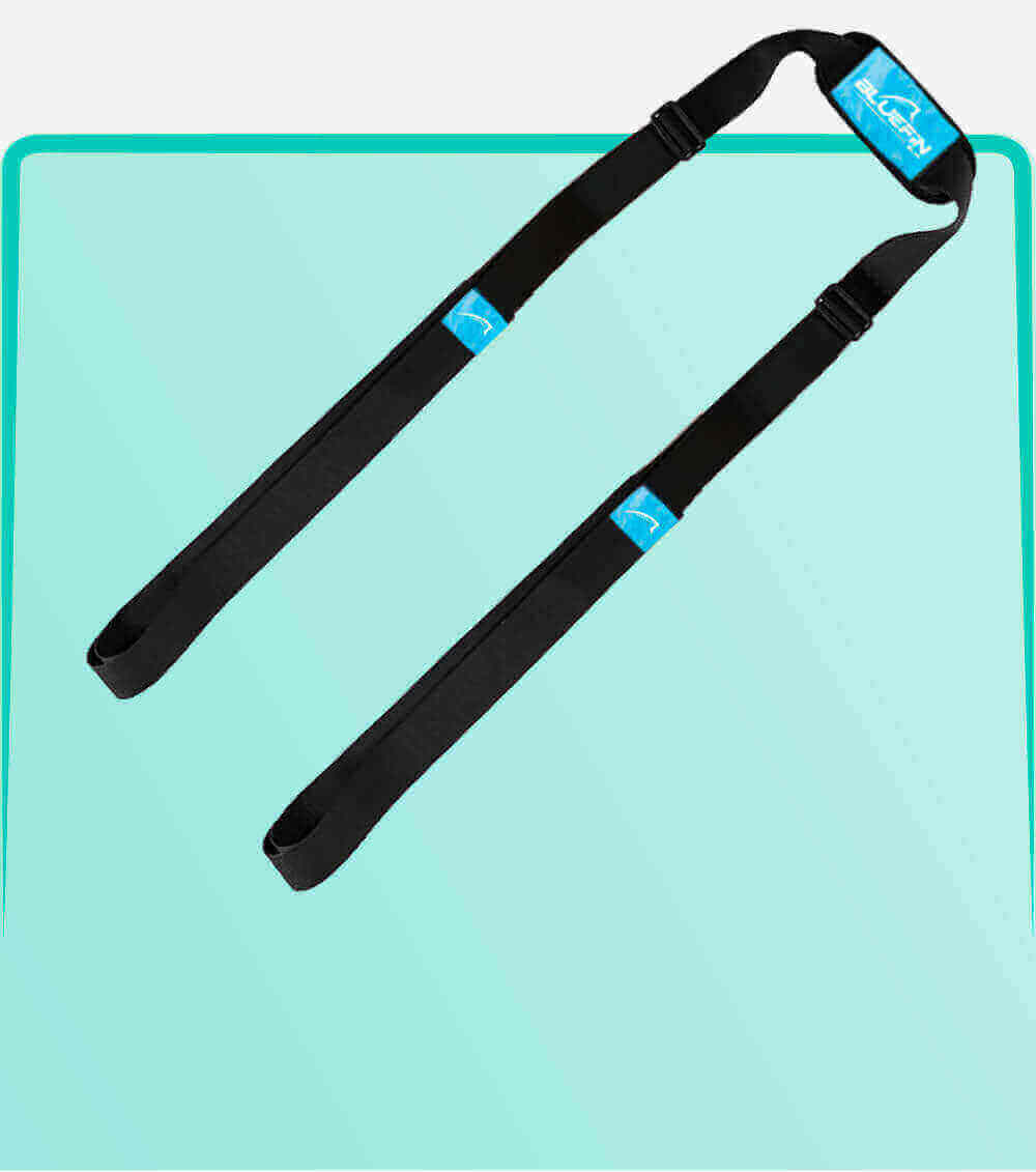 Black paddleboard straps with blue logo, designed for carrying or securing boards.
