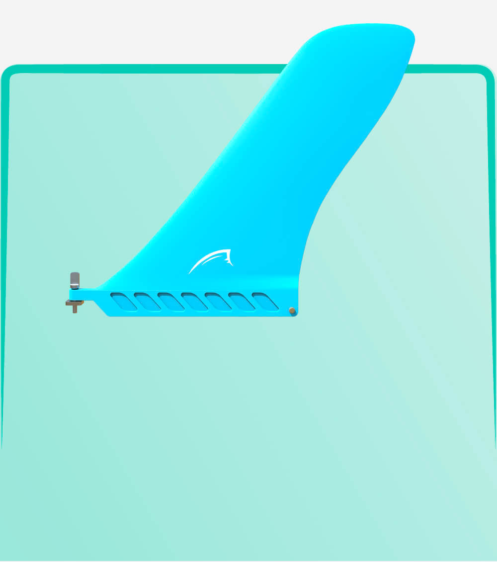 A blue fin for a paddleboard with a mounting bracket and cutouts for reduced drag
