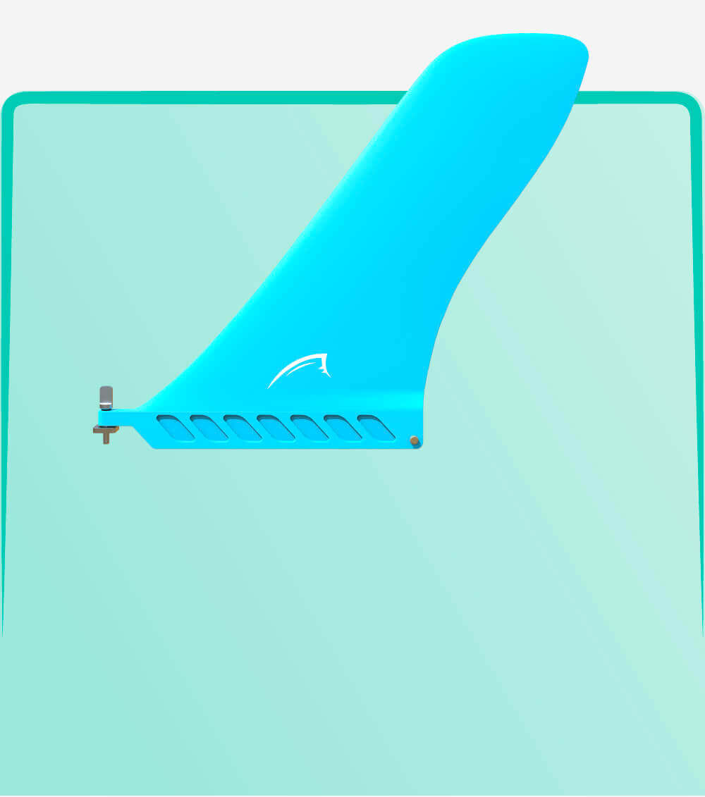 A blue fin for a paddleboard with a mounting bracket and cutouts for reduced drag