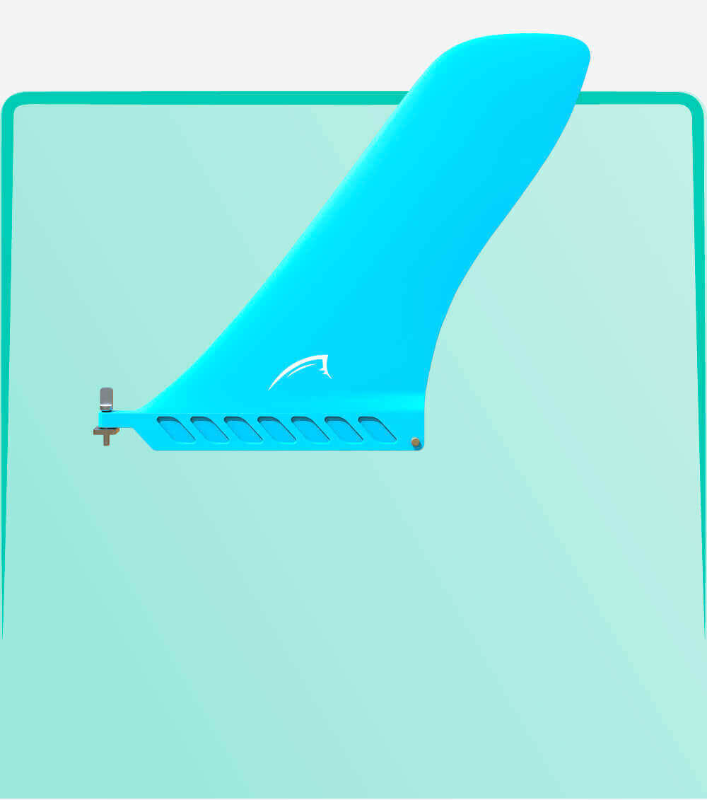 A blue fin for a paddleboard with a mounting bracket and cutouts for reduced drag