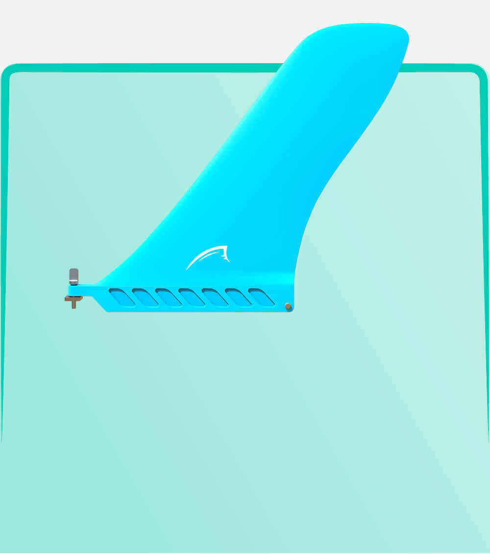 A blue fin for a paddleboard with a mounting bracket and cutouts for reduced drag
