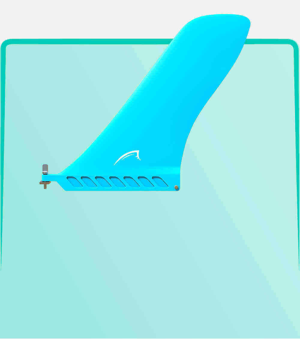 A blue fin for a paddleboard with a mounting bracket and cutouts for reduced drag