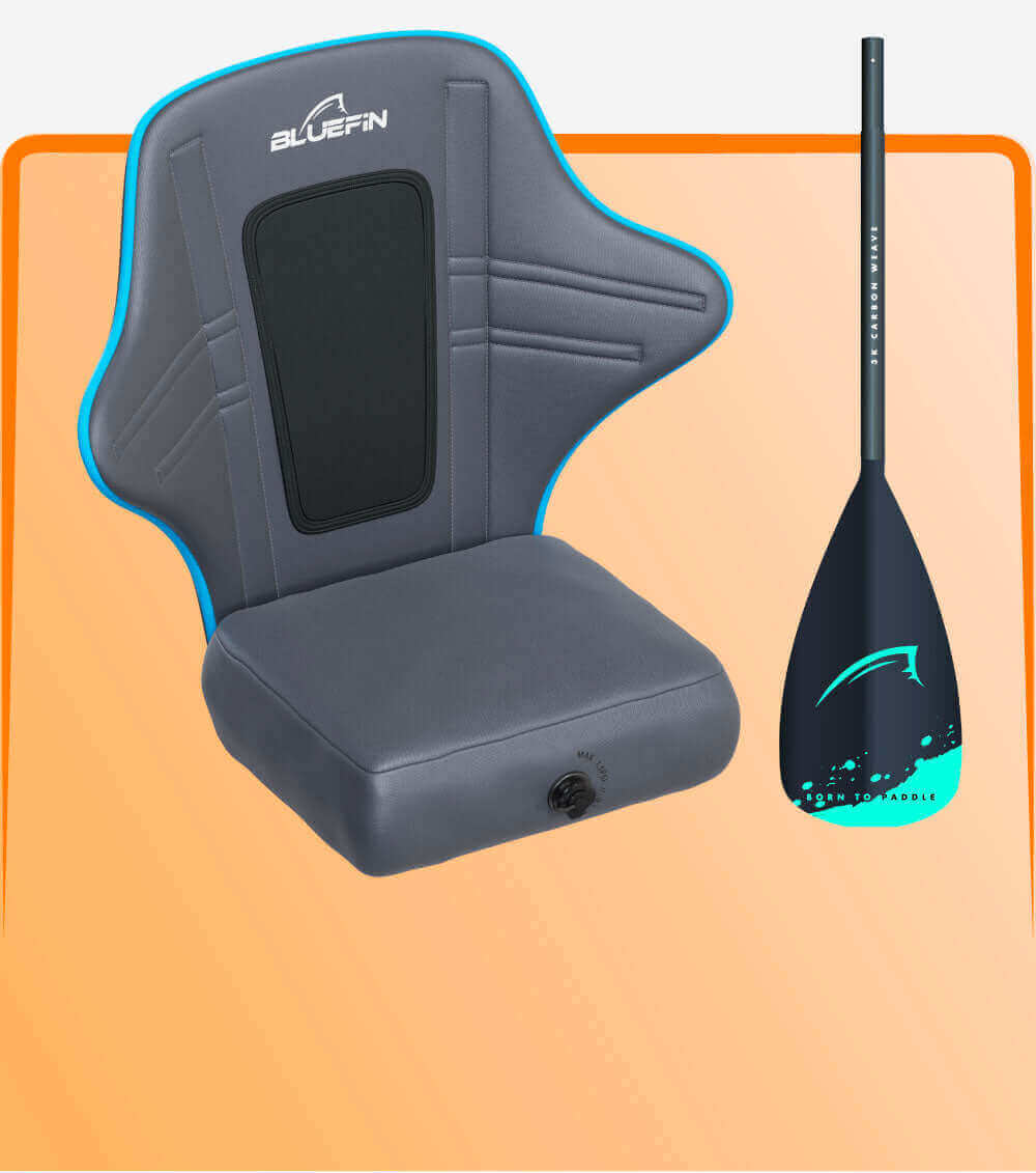 Gray inflatable seat and paddle with Bluefin branding on an orange background
