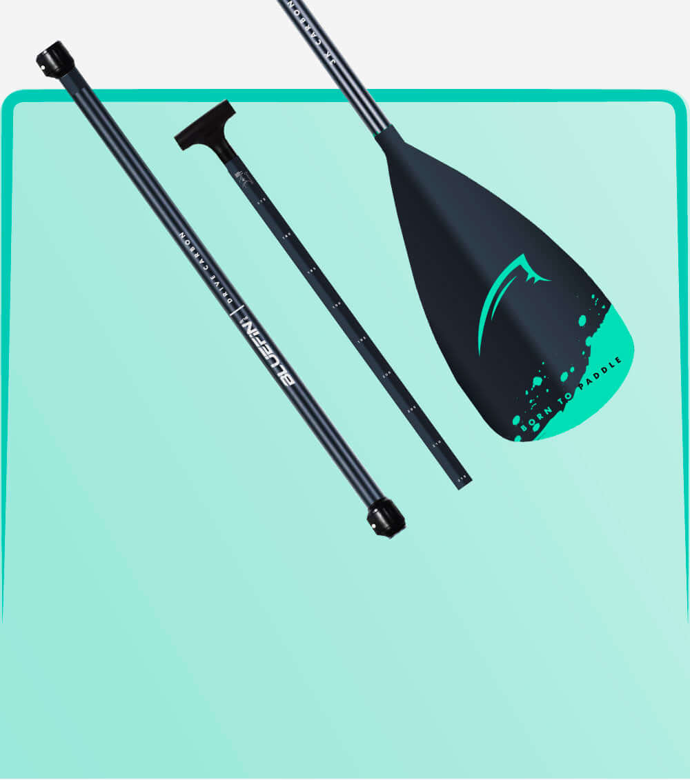 Three-piece paddle with black shaft, teal blade, and adjustable handle on a light blue background