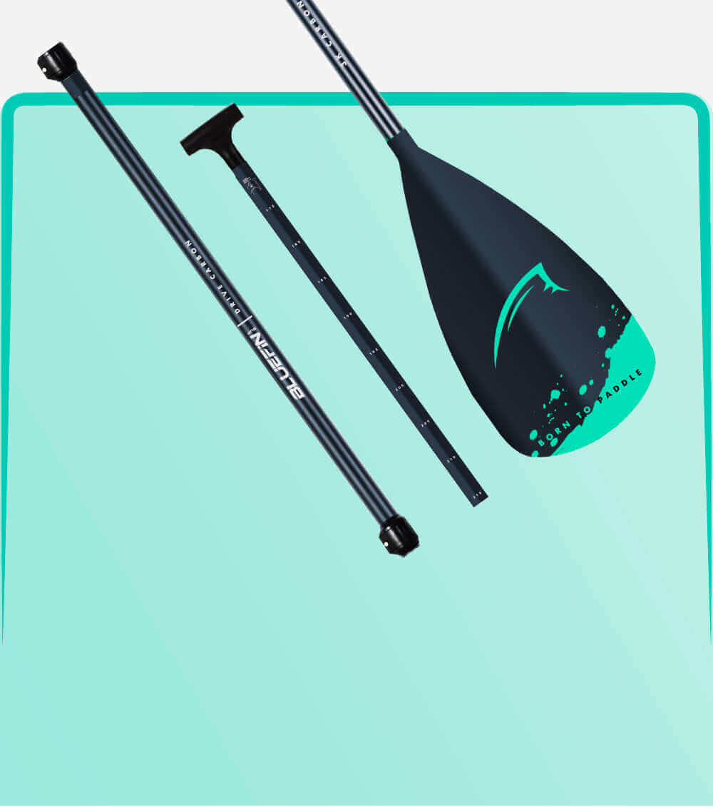 Three-piece paddle with black shaft, teal blade, and adjustable handle on a light blue background