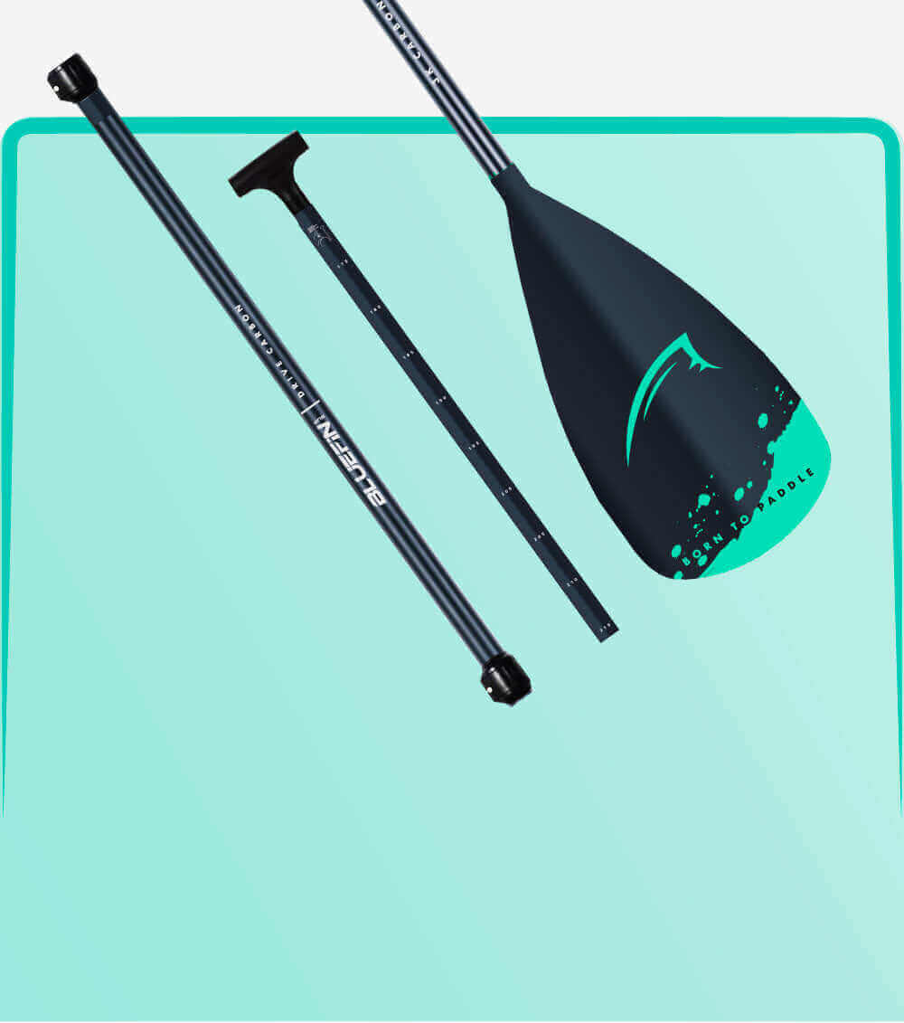 Three-piece paddle with black shaft, teal blade, and adjustable handle on a light blue background