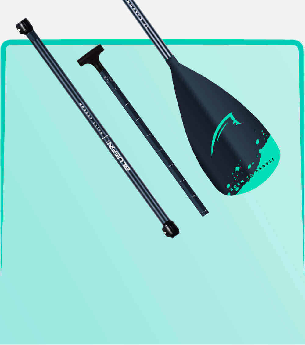 Three-piece paddle with black shaft, teal blade, and adjustable handle on a light blue background