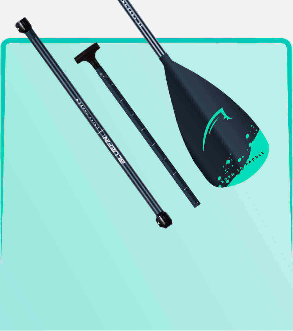 Three-piece paddle with black shaft, teal blade, and adjustable handle on a light blue background