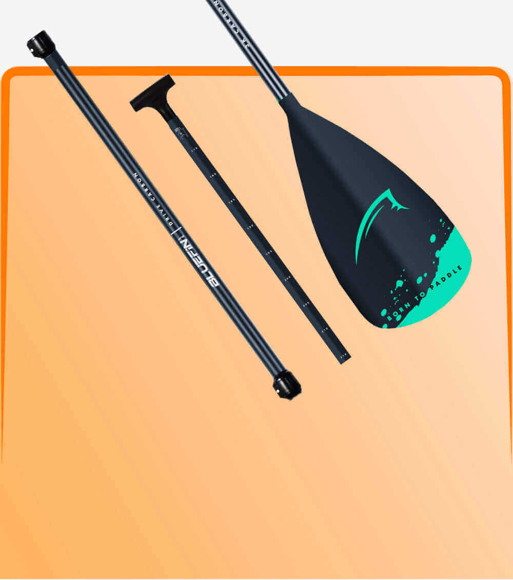 Paddle with black shaft and green blade on a peach background