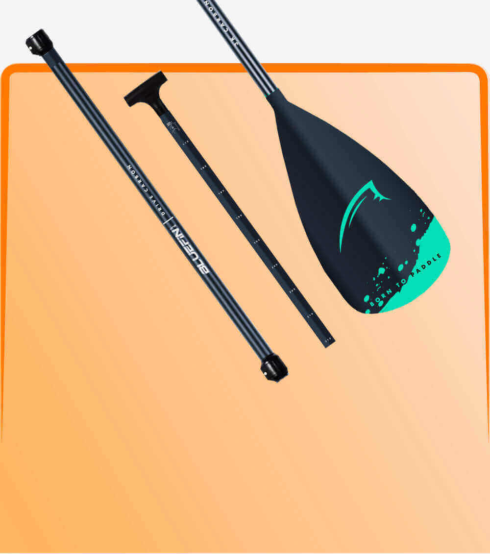 Paddle with black shaft and green blade on a peach background