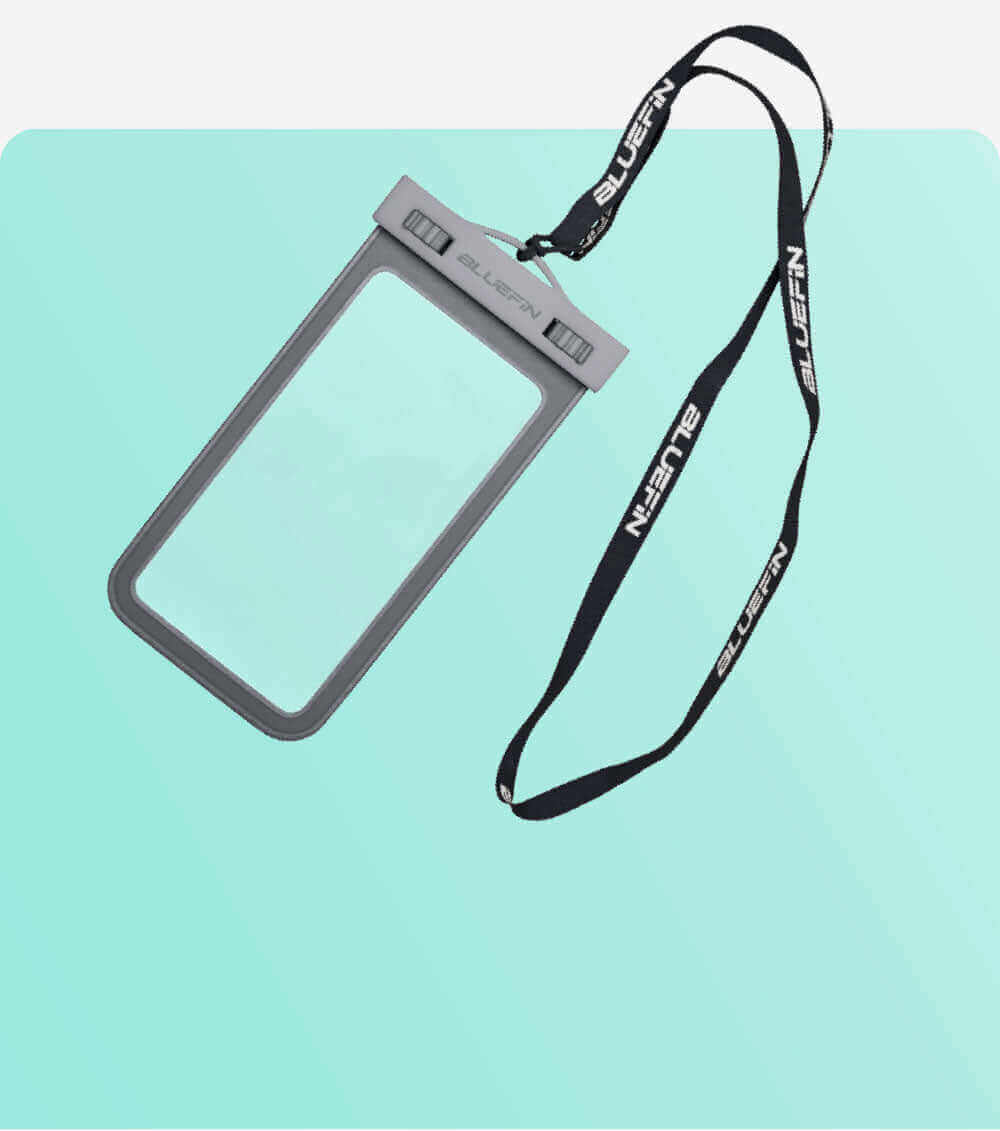 Waterproof phone pouch with gray frame and adjustable lanyard, suitable for outdoor activities